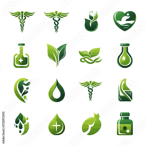 Green herbal medicine icons snakes, leaves, plus signs, bottles and hearts