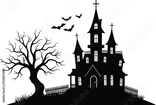 Spooky haunted house silhouette with bats, creepy tree, gothic architecture, Halloween night scene, eerie atmosphere, horror background, vector illustration