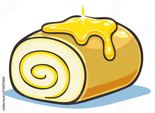 Cartoon Swiss Roll Slice with Honey Glaze Drizzled on Top, Delicious Rolled Cake Dessert