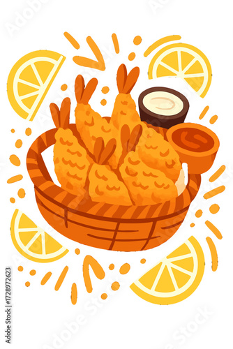 Vibrant illustration: Golden, crispy fried shrimp tempura, nestled in a rustic basket, with creamy white and zesty red dipping sauces, and bright lemon wedges, radiating warmth, appetizing appeal,
