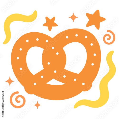 A mesmerizing, glowing pretzel illustration, radiating warmth and magical charm amidst a vibrant swirl of soft golden light, ethereal stars, and whimsical abstract shapes, perfect for delightful cu
