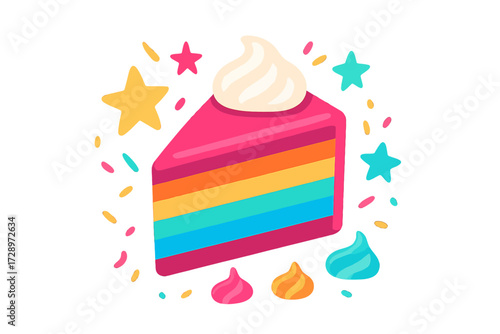A captivating, vibrant, luminous slice of rainbow layered cake, adorned with fluffy white whipped cream, surrounded by sparkling stars and colorful sprinkles, creating a whimsical, festive, and del