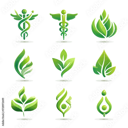 Green nature-themed icons caduceus and stylized leaves on a white background
