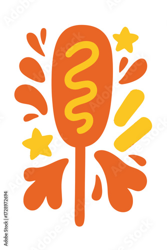 Vibrant glowing corn dog illustration with classic mustard drizzle, surrounded by energetic red splashes and golden stars, capturing the essence of delicious street food and festive fair snacks.