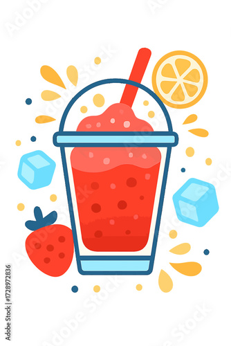 Vibrant and refreshing strawberry fruit smoothie illustration with a hint of lemon and cool ice cubes, ideal for summer drinks, healthy beverages, and sweet treats, in a glowing, artistic digital s