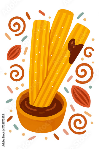 Golden, crispy churros, perfectly dipped in rich, luscious chocolate sauce, presented in a warm bowl. This delightful dessert illustration is adorned with playful sprinkles and artistic swirls, evo