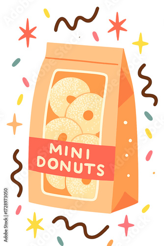 Whimsical glowing mini donuts in a charming paper bag, surrounded by festive lights and sprinkles. A delightful dessert treat perfect for digital art, snack time, or sweet cravings for any occasion