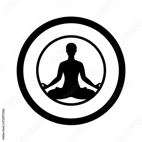 Black silhouette of person meditating in lotus pose within concentric circles