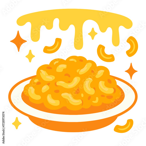 Vibrant, glowing mac and cheese art, creamy orange-yellow sauce over elbow pasta on a white plate. Playful sparkles, cheese drips, and a warm golden background. Stylized comfort food visual radiati