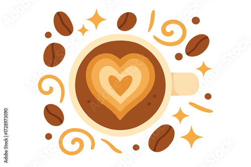 A warm, inviting digital illustration of a glowing latte art heart in a coffee cup, surrounded by roasted coffee beans, whimsical swirls, and sparkling stars, evoking comfort and a truly rich coffe