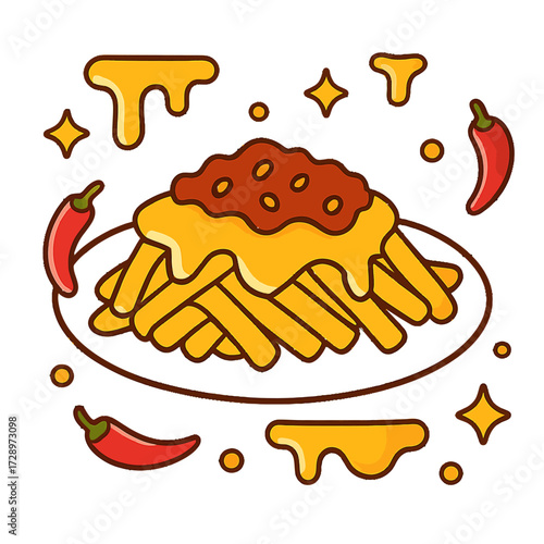 Chili Cheese Fries Cartoon: A vibrant, glowing illustration featuring crispy golden french fries, generously covered in rich melted yellow cheese sauce and savory chili con carne, ideal art.