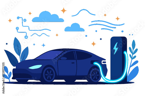 This vivid illustration beautifully captures a modern electric vehicle autonomously charging at a sleek station beneath a serene, futuristic night sky, adorned with softly glowing clouds and twinkl