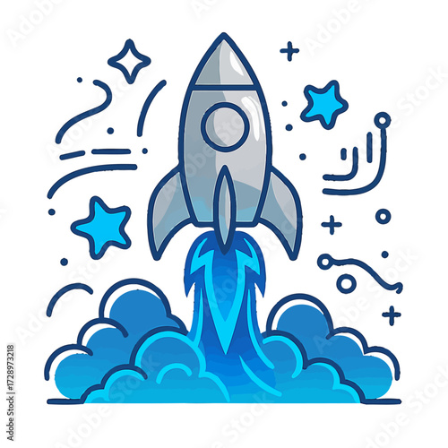 Stunning digital illustration of a sleek rocket taking off with vibrant blue neon glow, dynamic exhaust flames, and smoke, symbolizing successful startup growth, exciting space exploration, and fut