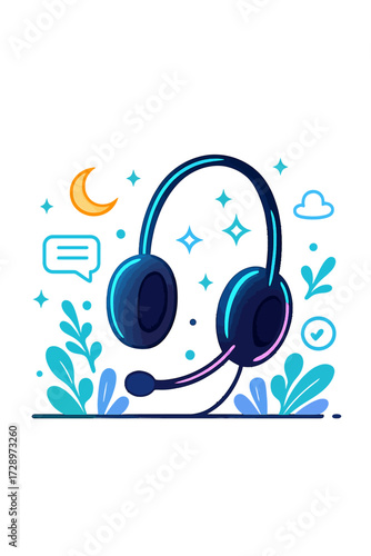 Neon glow headset, mic. Dark background, moon, stars, icons: chat, cloud, checkmark. Ideal for gaming, support, remote work, communication. Blends tech, ethereal beauty, highlighting seamless digit