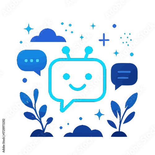 Glowing AI Chatbot Icon Illustration in Neon Blue, representing digital communication, artificial intelligence, and friendly tech interaction, surrounded by vibrant messaging elements, clouds, and