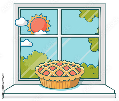 Cartoon illustration of pie on a windowsill with a view of the sun, clouds, and trees