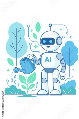 Artificial Intelligence robot nurturing a vibrant digital ecosystem with a watering can, symbolizing sustainable growth, green technology integration, and the bright future of responsible AI develo