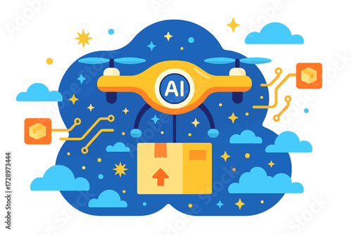AI-powered drone efficiently delivering packages in a futuristic sky, symbolizing advanced logistics, smart e-commerce, automated supply chain, and innovative autonomous shipping technology.
