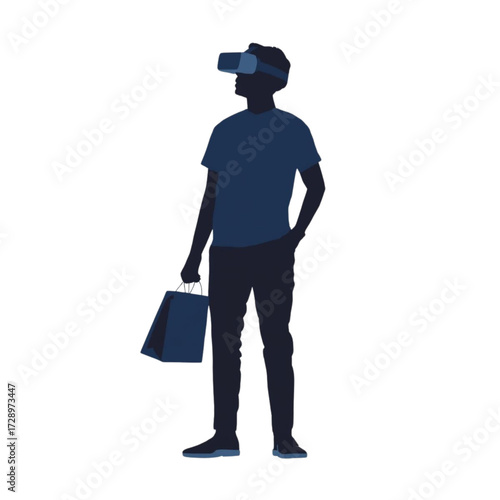 Silhouette of person wearing V R headset holding shopping bag