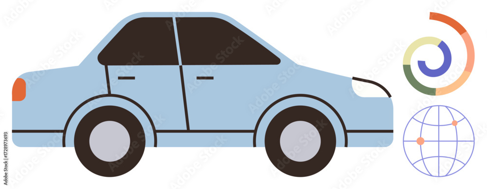 Naklejka premium Blue car alongside a global map and circular chart represents modern travel, navigation, technology, and sustainability. Ideal for mobility, logistics, automotive industry, GPS, innovation