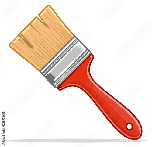 Single Red Handle Paintbrush with Beige Bristles Isolated on White