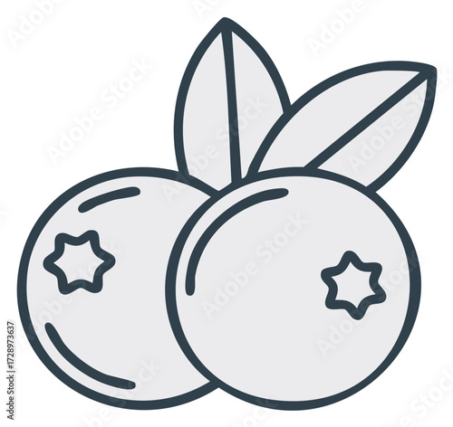 Minimalist flat icon of two blueberries with leaves, simple graphic for healthy food and recipes