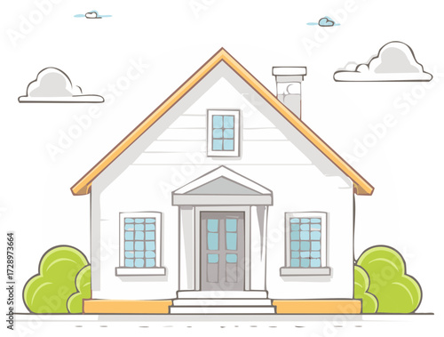 Simple cartoon illustration of a white residential house with a gabled roof