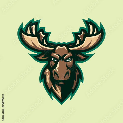 Stylized moose head with large antlers and sharp eyes
