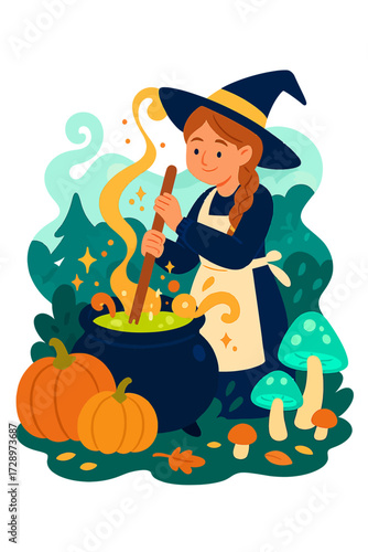 A cute young witch in her pointed hat and apron joyfully stirs a bubbling green potion in her black cauldron, flanked by cheerful pumpkins, mystical glowing mushrooms, and sparkling magic in an enc