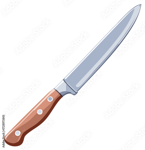 Kitchen Utility Knife with Wooden Handle, Sharp Blade, and Rivets. Cooking Tool for Cutting and Food Preparation.