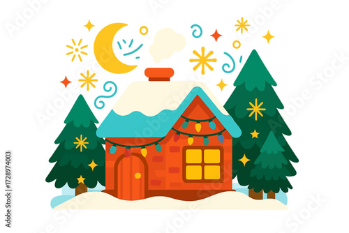 A whimsical, snow-covered holiday house with vibrant Christmas lights, nestled among evergreen trees under a magical starry night sky, featuring a crescent moon and delicate snowflakes, captures wi