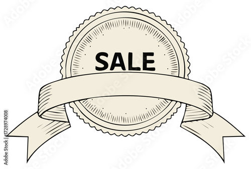 Hand drawn vintage sale seal with blank ribbon banner illustration
