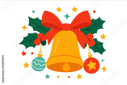 A radiant golden Christmas bell, beautifully embellished with a cheerful red bow, traditional green holly and berries, plus sparkling ornaments, all amidst a warm, glowing festive background, perfe