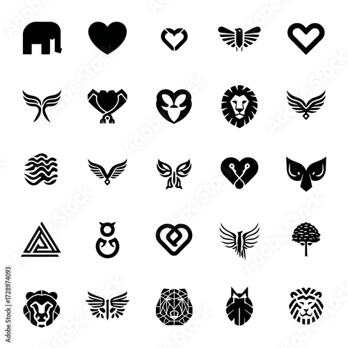 Black & white icons animal & heart motifs, wings, triangles and trees