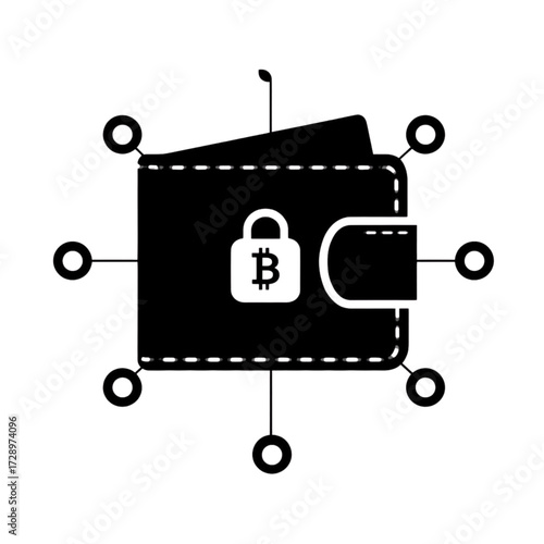 Black bitcoin wallet icon with network connections