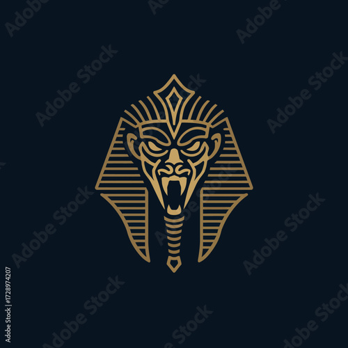 A stylized, gold line drawing of a Pharaoh's mask, set against a navy blue background