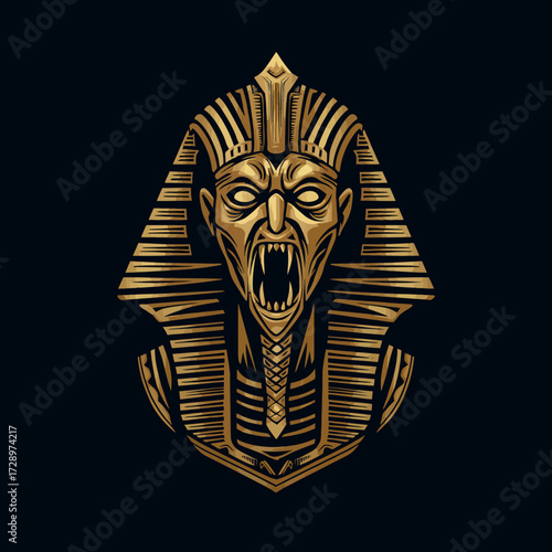 A golden pharaoh with an evil expression, showing sharp fangs, on a black background