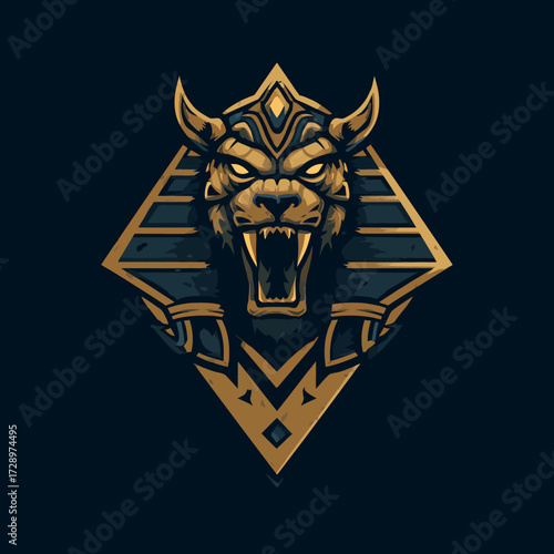 Angry lion pharaoh bust with horns, set inside geometric pyramid diamond