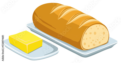 Fresh baked bread loaf and butter, breakfast food illustration