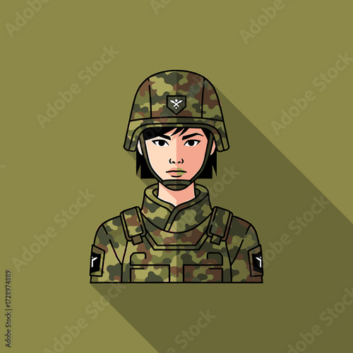 Illustration of a female soldier in camouflage uniform and helmet, looking forward with a serious expression.