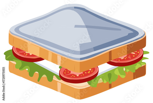 Isometric illustration of a fresh sandwich with tomato and lettuce ingredients
