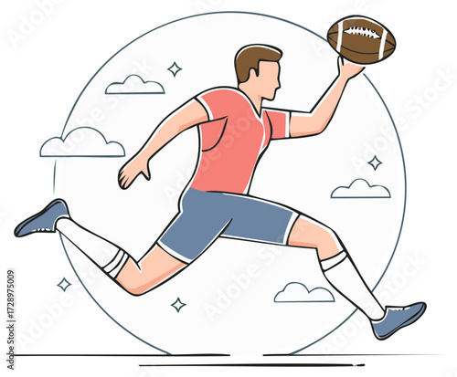 Athletic Man Running with Football in Dynamic Pose, Vector Illustration