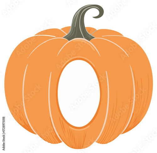 Orange pumpkin carving with a smooth oval opening in the center against a plain white background for Halloween, harvest time.