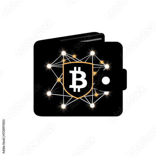 Black digital wallet with Bitcoin symbol and network connections