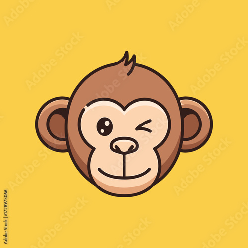 Cartoon monkey head winking with a cheerful expression against a yellow background.