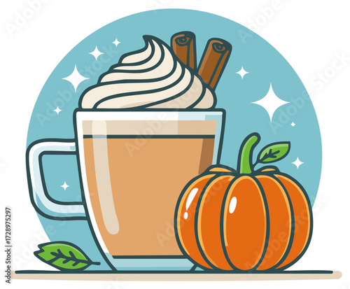 Cozy autumn illustration of a pumpkin spice latte with whipped cream and cinnamon