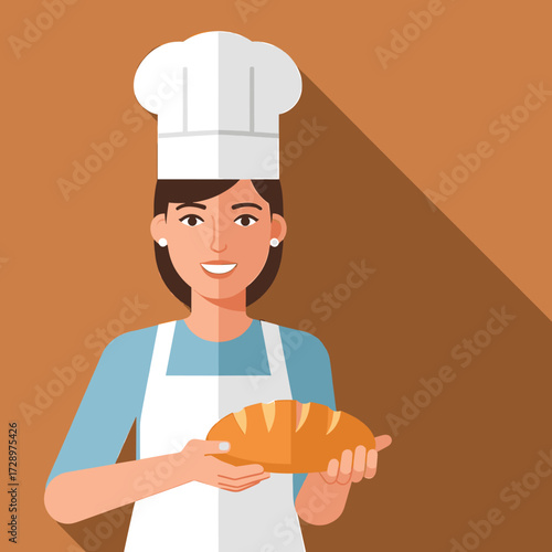 Smiling woman in chef's hat and apron holding a loaf of bread. Flat vector illustration.
