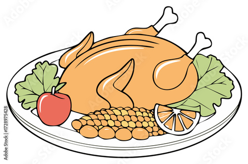 A delicious roasted chicken dinner with corn orange slice and apple on a plate