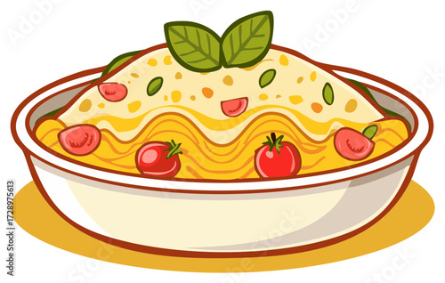 Cartoon bowl filled with pasta, melted cheese, basil leaves, and halved tomatoes, illustration for Italian food concept.