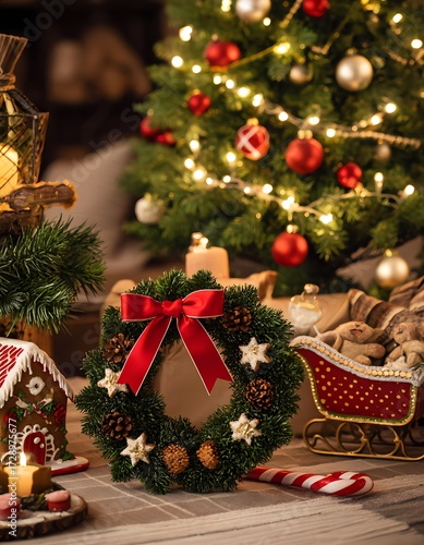 Festive home decoration for Christmas. Christmas tree and wreath, lights, balls and traditional items, vertical image.